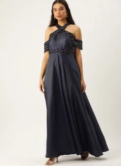 Blue Velvet Embroidered Off Shoulder Dress Festive Wear Party Wear 12 Blue Velvet Embroidered Off Shoulder Dress Festive Wear Party Wear -Sari Grace Shop Blue Velvet Embroidered Off Shoulder Dress DRBS02211083 u