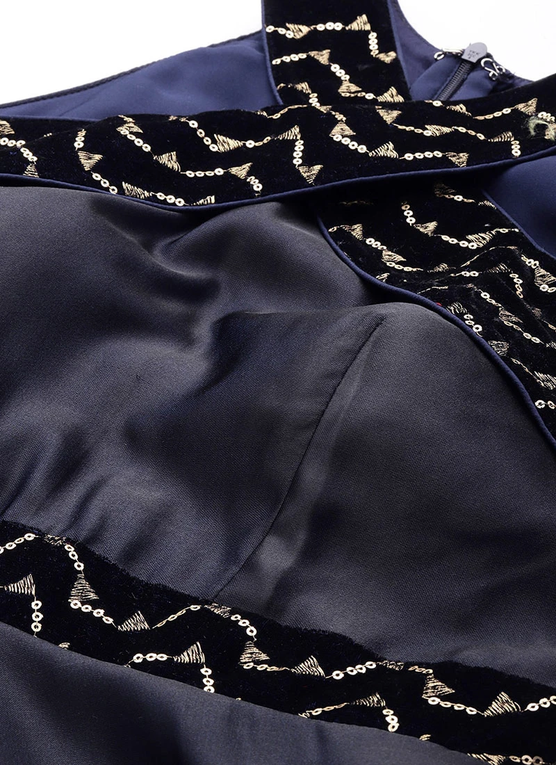 Blue Velvet Embroidered Off Shoulder Dress Festive Wear Party Wear 7 Blue Velvet Embroidered Off Shoulder Dress Festive Wear Party Wear - Image 5