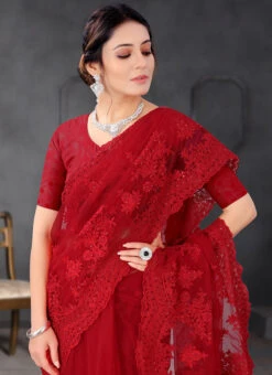 Cherry Red Net Thread Embroidery Saree Party Wear -Sari Grace Shop Cherry Red Net Thread Embroidery Saree SASUN1023 b