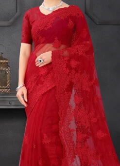 Cherry Red Net Thread Embroidery Saree Party Wear