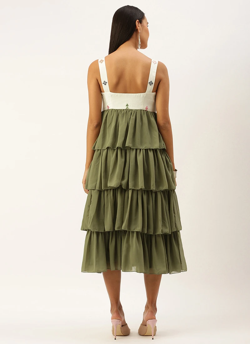 Cream Embroidered Layered Dress Party Wear 6 Cream Embroidered Layered Dress Party Wear - Image 4