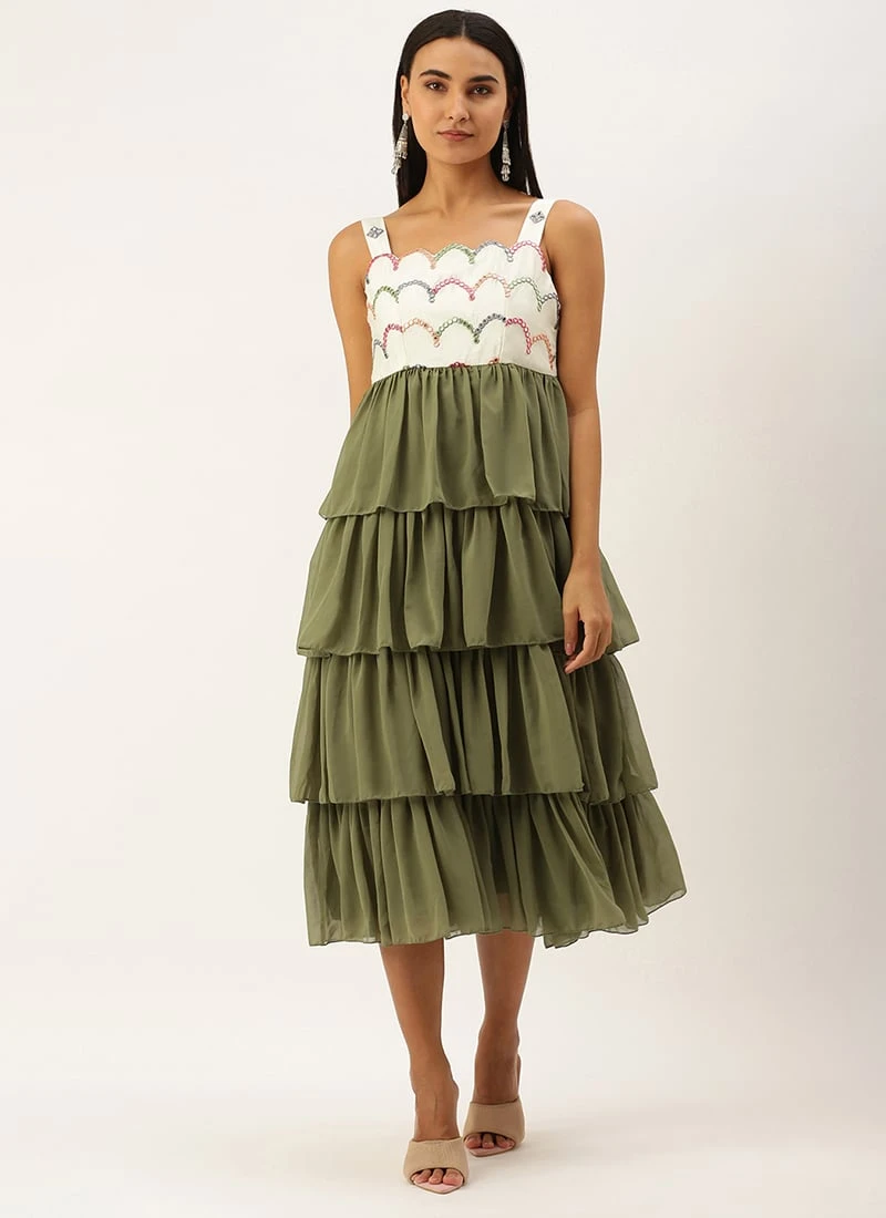 Cream Embroidered Layered Dress Party Wear 5 Cream Embroidered Layered Dress Party Wear - Image 3