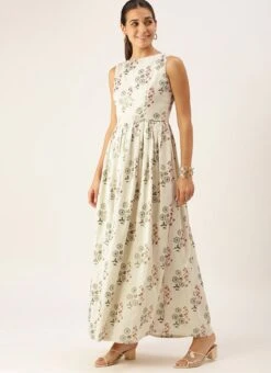 Cream Silk Cotton Ankle Length Dress After Six Wear -Sari Grace Shop Cream Silk Cotton Ankle Length Dress DRBS02108680 u