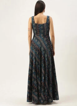 Dark Blue Printed Strap Neck Dress After Six Wear -Sari Grace Shop Dark Blue Printed Strap Neck Dress DRBS02109708 b