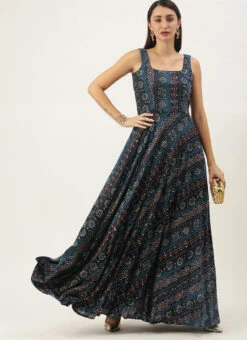 Dark Blue Printed Strap Neck Dress After Six Wear -Sari Grace Shop Dark Blue Printed Strap Neck Dress DRBS02109708 u