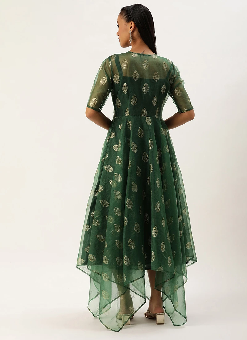 Green Art Silk Foil Organza Jacket Dress Festive Wear 6 Green Art Silk Foil Organza Jacket Dress Festive Wear - Image 4