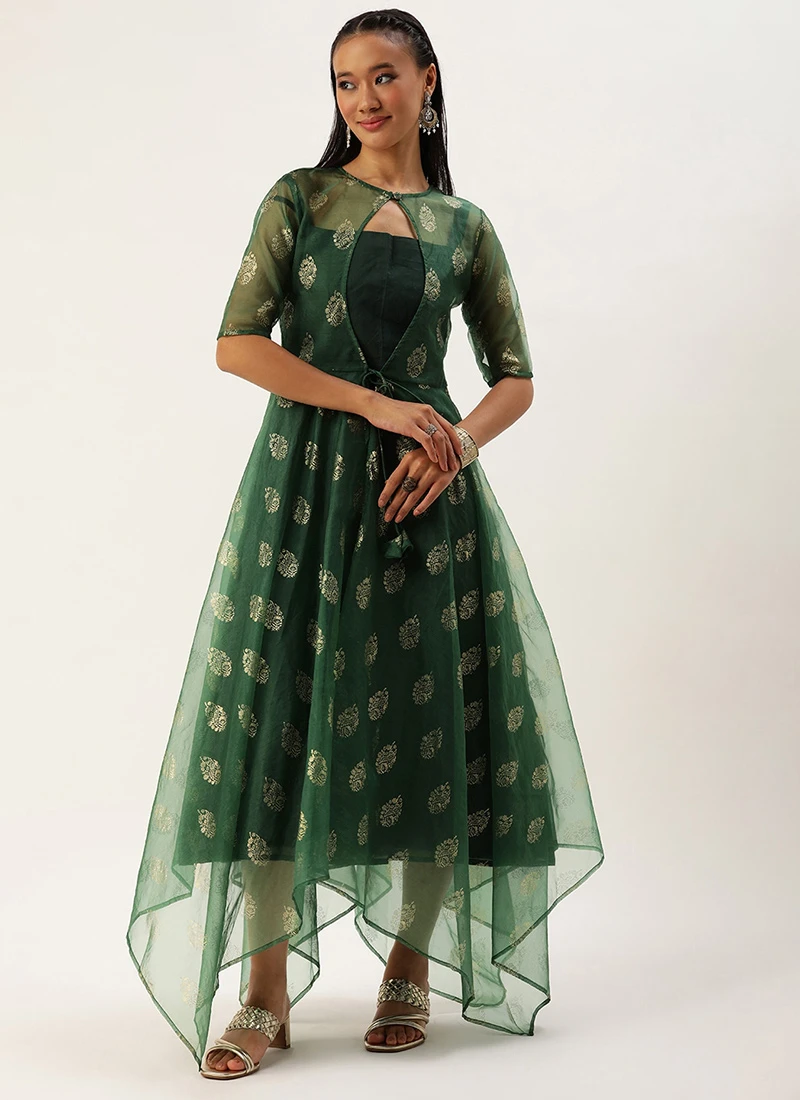 Green Art Silk Foil Organza Jacket Dress Festive Wear 5 Green Art Silk Foil Organza Jacket Dress Festive Wear - Image 3