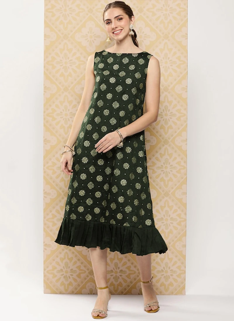Green Art Silk Foil Print Dress After Six Wear 5 Green Art Silk Foil Print Dress After Six Wear - Image 3
