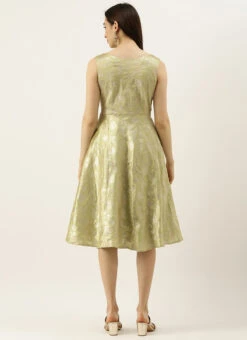 Green Brocade Boat Neck Flared Dress Wedding Wear -Sari Grace Shop Green Brocade Boat Neck Flared Dress DRBS02105388 b