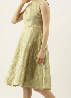 Green Brocade Boat Neck Flared Dress Wedding Wear