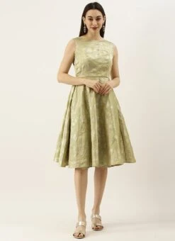 Green Brocade Boat Neck Flared Dress Wedding Wear -Sari Grace Shop Green Brocade Boat Neck Flared Dress DRBS02105388 u