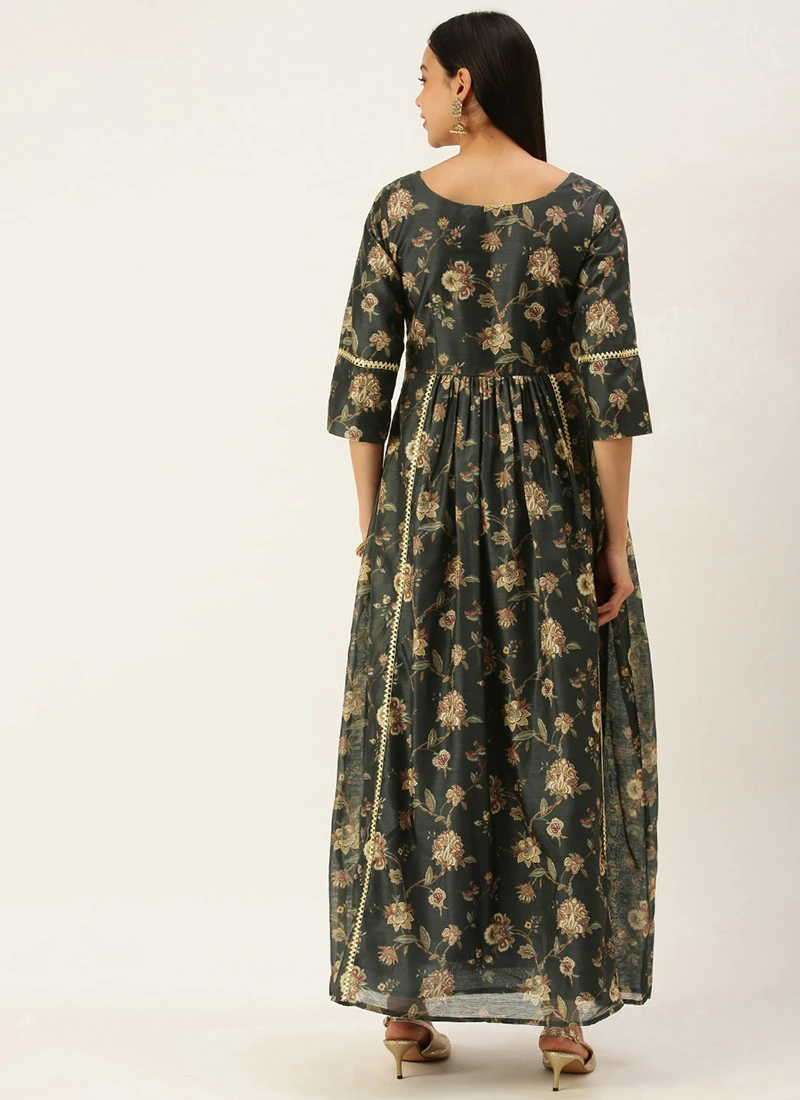Green Chanderi Printed Floral Maxi Dress Festive Wear 6 Green Chanderi Printed Floral Maxi Dress Festive Wear - Image 4