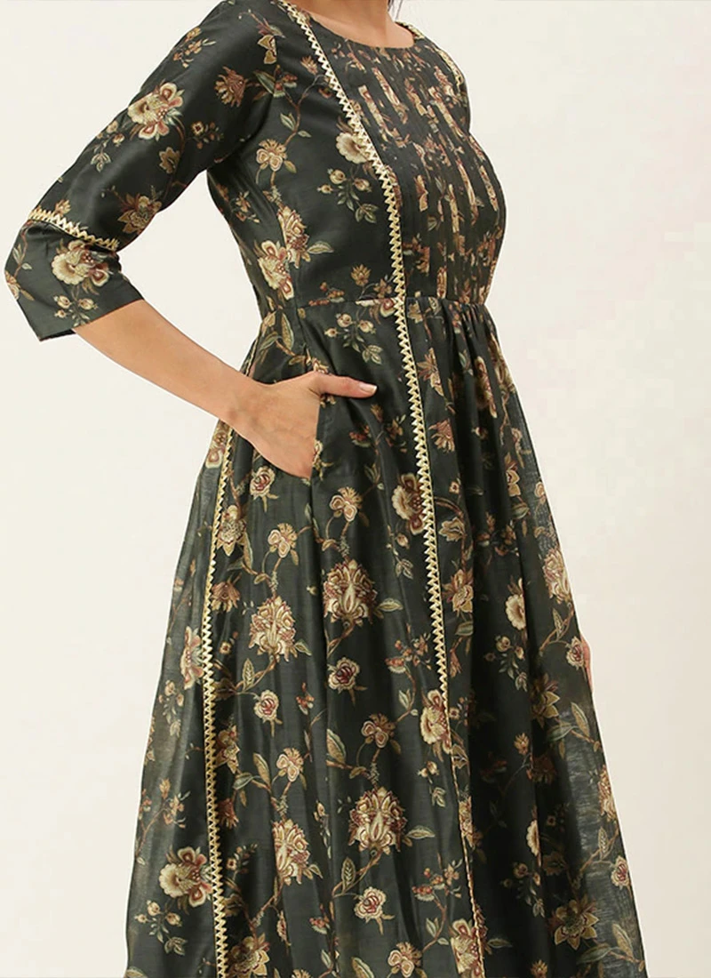 Green Chanderi Printed Floral Maxi Dress Festive Wear 3 Green Chanderi Printed Floral Maxi Dress Festive Wear