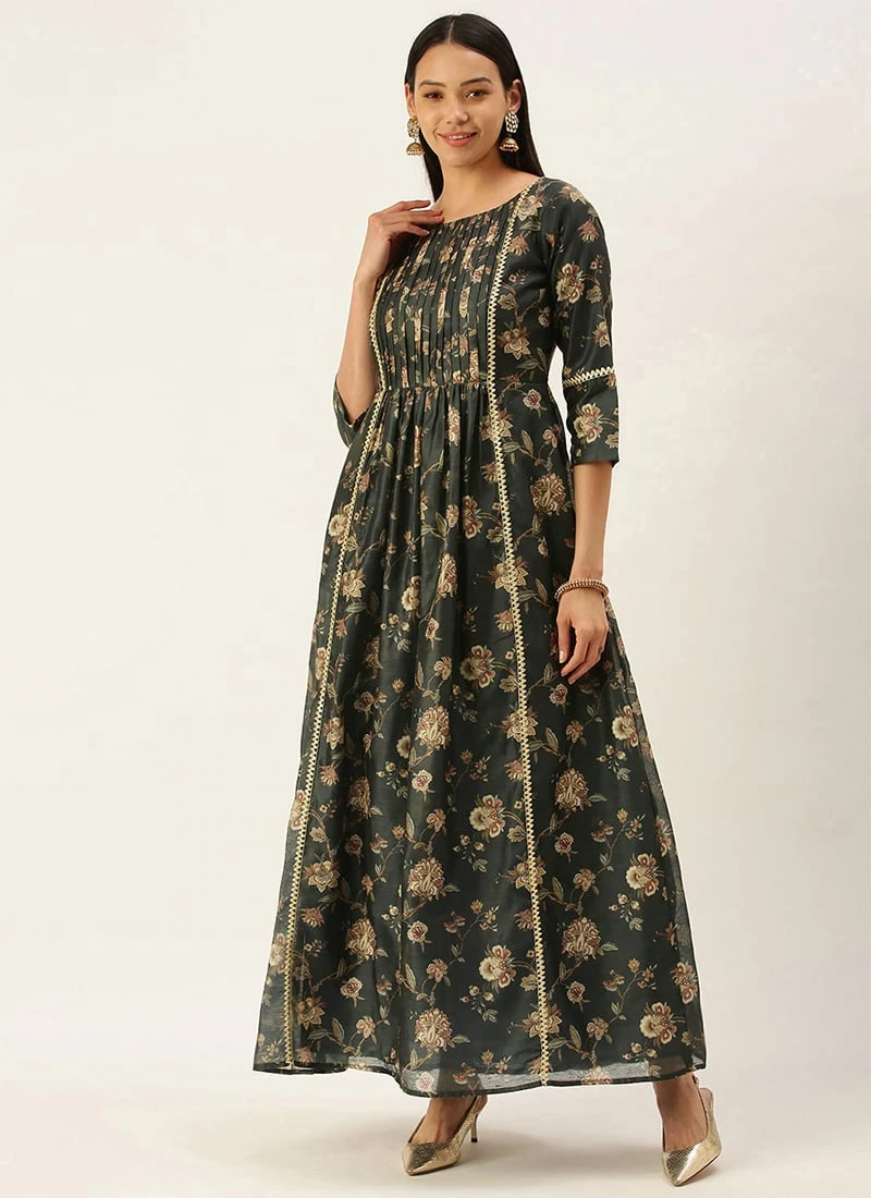Green Chanderi Printed Floral Maxi Dress Festive Wear 5 Green Chanderi Printed Floral Maxi Dress Festive Wear - Image 3