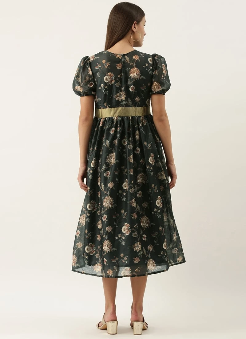 Green Chanderi Silk Puff Sleeve Dress After Six Wear 6 Green Chanderi Silk Puff Sleeve Dress After Six Wear - Image 4