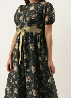 Green Chanderi Silk Puff Sleeve Dress After Six Wear