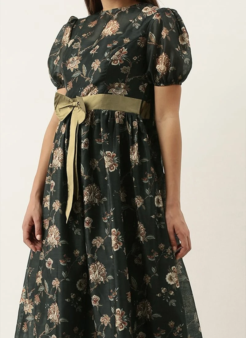 Green Chanderi Silk Puff Sleeve Dress After Six Wear 3 Green Chanderi Silk Puff Sleeve Dress After Six Wear