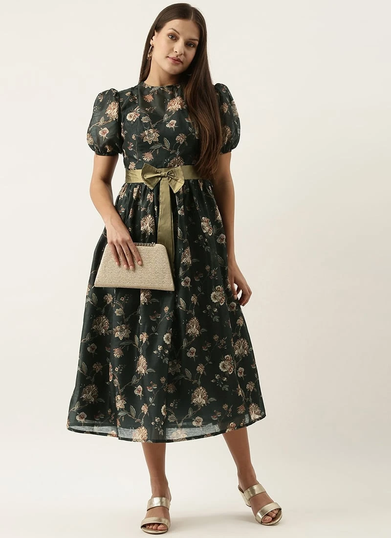 Green Chanderi Silk Puff Sleeve Dress After Six Wear 5 Green Chanderi Silk Puff Sleeve Dress After Six Wear - Image 3