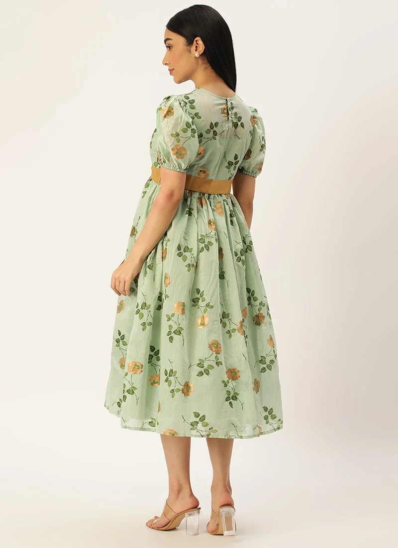 Green Chanderi Silk Puff Sleeve Dress Festive Wear 6 Green Chanderi Silk Puff Sleeve Dress Festive Wear - Image 4