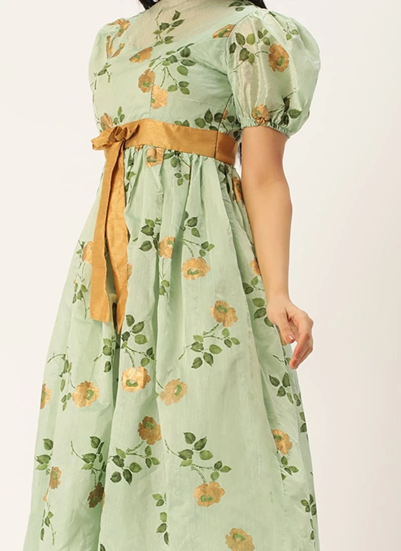 Green Chanderi Silk Puff Sleeve Dress Festive Wear 3 Green Chanderi Silk Puff Sleeve Dress Festive Wear