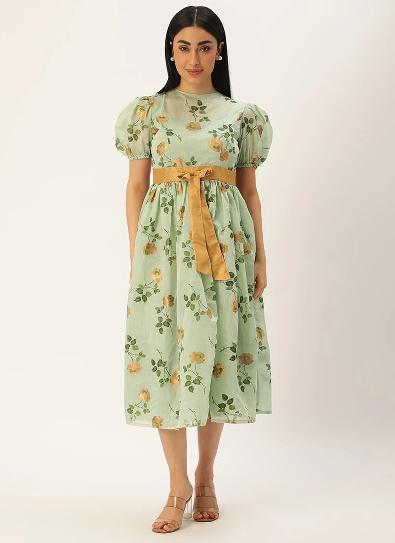 Green Chanderi Silk Puff Sleeve Dress Festive Wear 5 Green Chanderi Silk Puff Sleeve Dress Festive Wear - Image 3