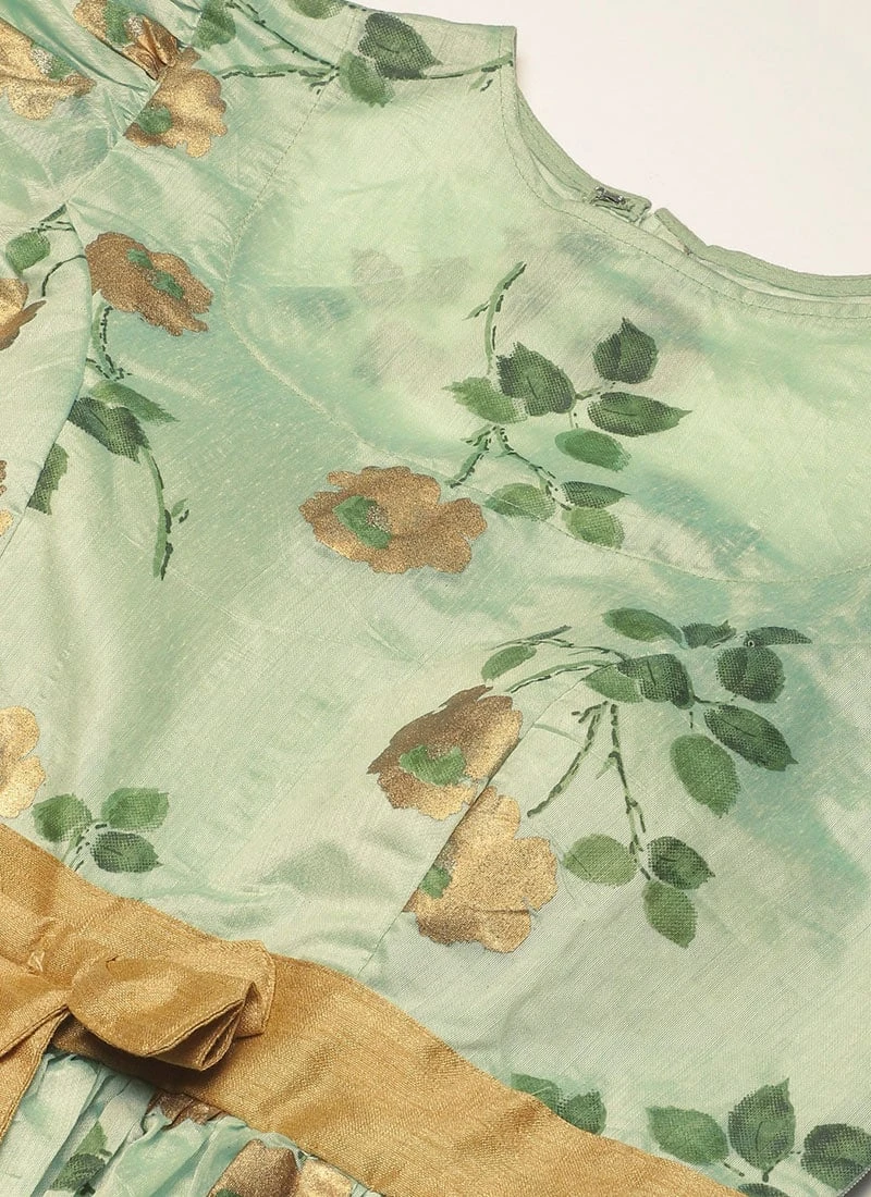 Green Chanderi Silk Puff Sleeve Dress Festive Wear 7 Green Chanderi Silk Puff Sleeve Dress Festive Wear - Image 5