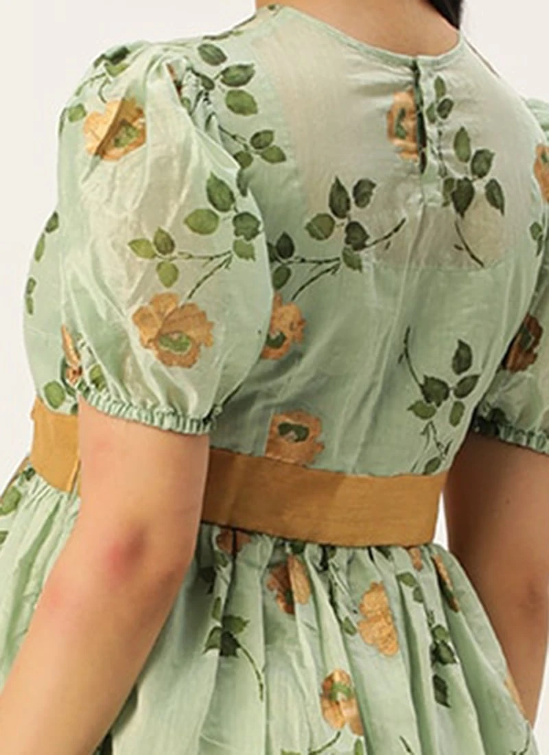 Green Chanderi Silk Puff Sleeve Dress Festive Wear 8 Green Chanderi Silk Puff Sleeve Dress Festive Wear - Image 6