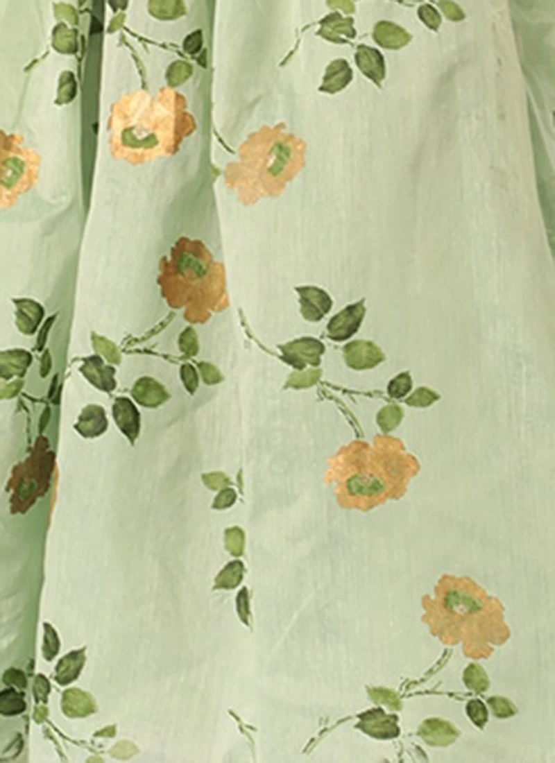 Green Chanderi Silk Puff Sleeve Dress Festive Wear 10 Green Chanderi Silk Puff Sleeve Dress Festive Wear - Image 8