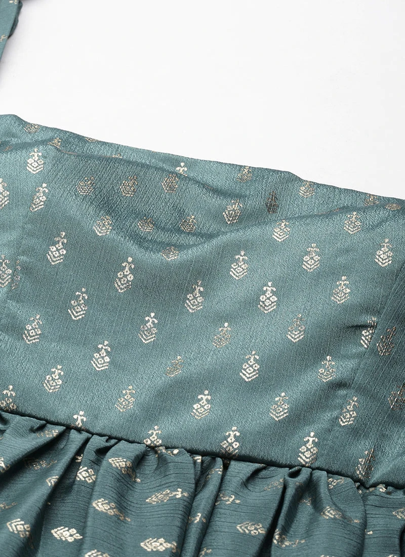 Green Chinon Foil Printed Maxi Dress Festive Wear 7 Green Chinon Foil Printed Maxi Dress Festive Wear - Image 5