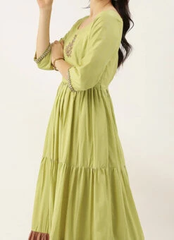 Green Embroidered Floor Length Gathers Dress After Six Wear