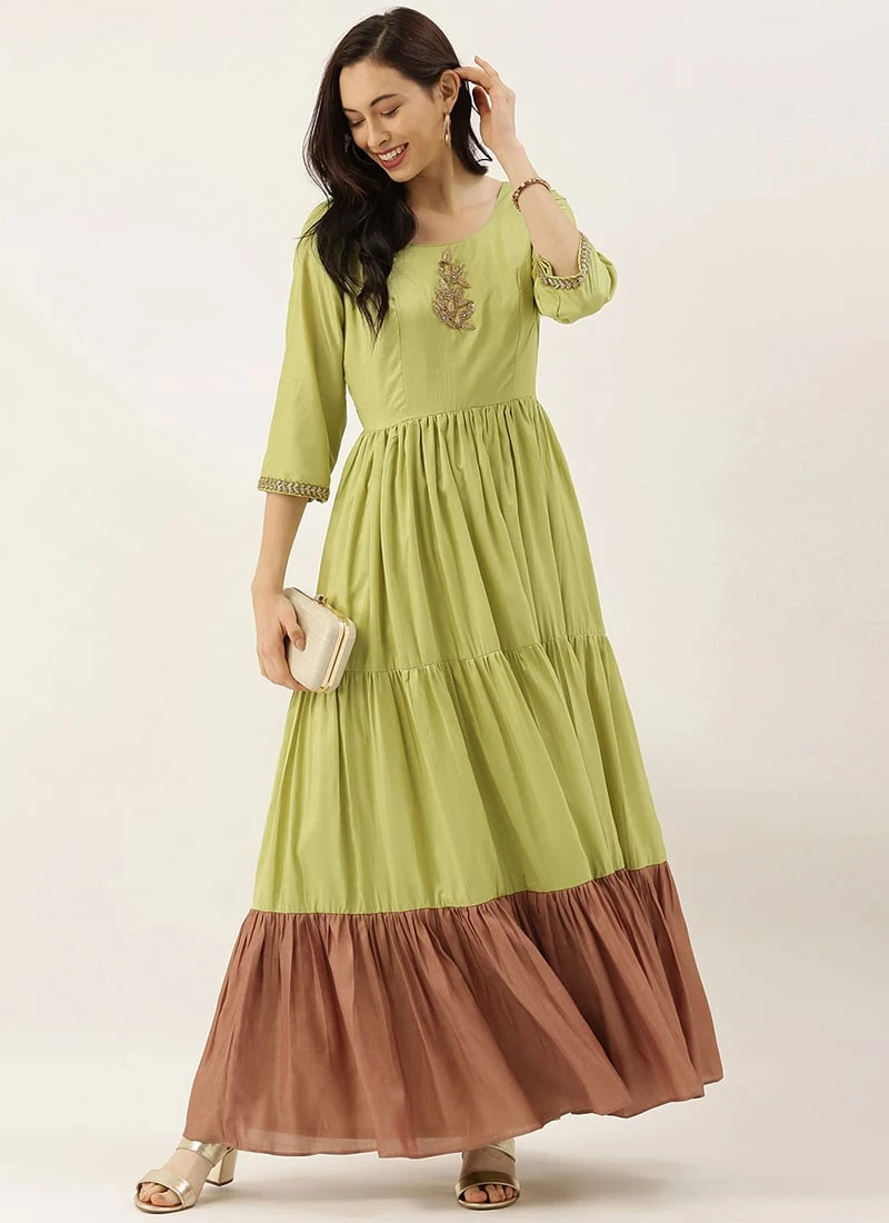 Green Embroidered Floor Length Gathers Dress After Six Wear 5 Green Embroidered Floor Length Gathers Dress After Six Wear - Image 3