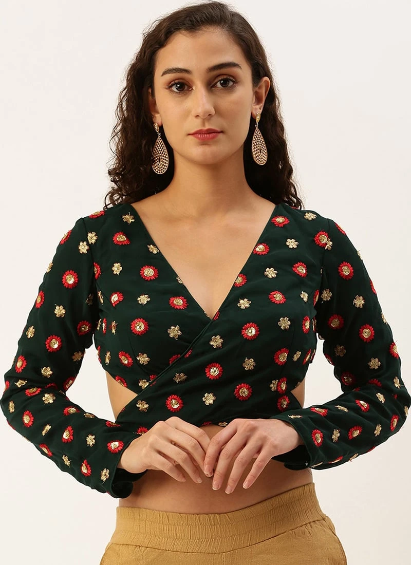 Green Embroidered Georgette Overlapped Blouse Party Wear 5 Green Embroidered Georgette Overlapped Blouse Party Wear - Image 3