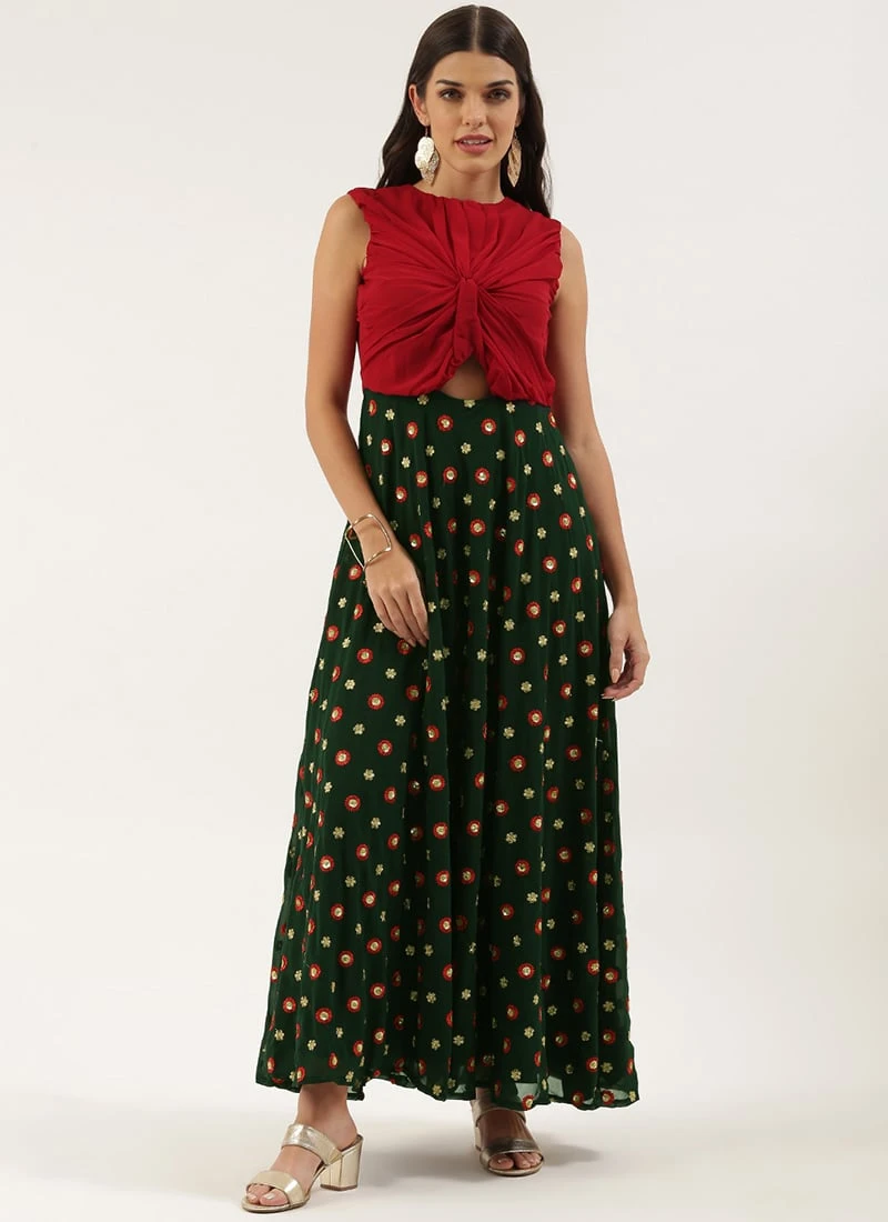 Green Embroidered N Maroon Twisted Bodice Dress Festive Wear 5 Green Embroidered N Maroon Twisted Bodice Dress Festive Wear - Image 3