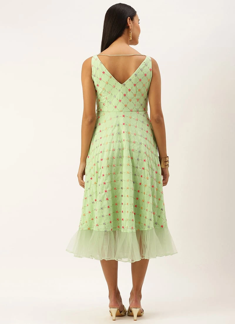 Green Georgette Embroidered Dress Party Wear 6 Green Georgette Embroidered Dress Party Wear - Image 4