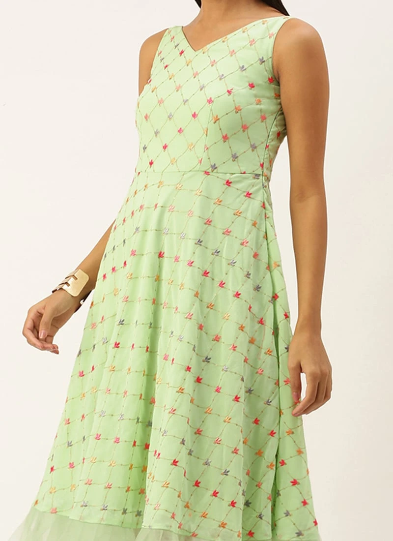 Green Georgette Embroidered Dress Party Wear 3 Green Georgette Embroidered Dress Party Wear