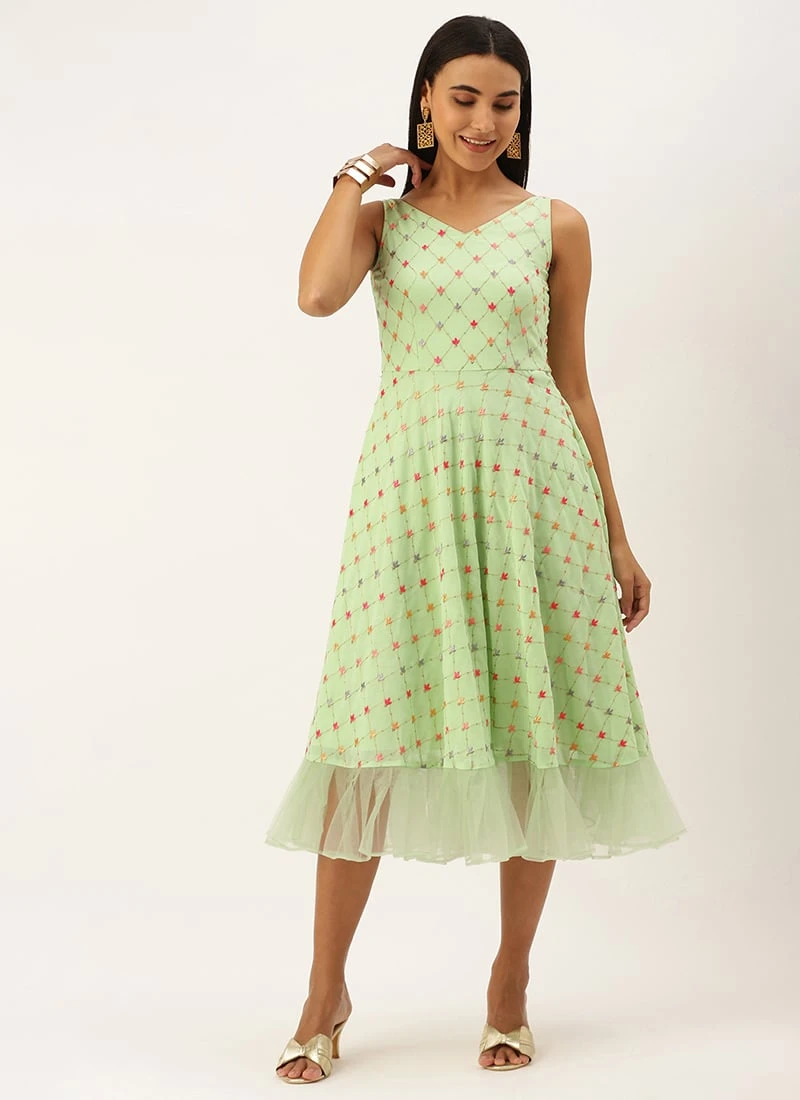 Green Georgette Embroidered Dress Party Wear 5 Green Georgette Embroidered Dress Party Wear - Image 3