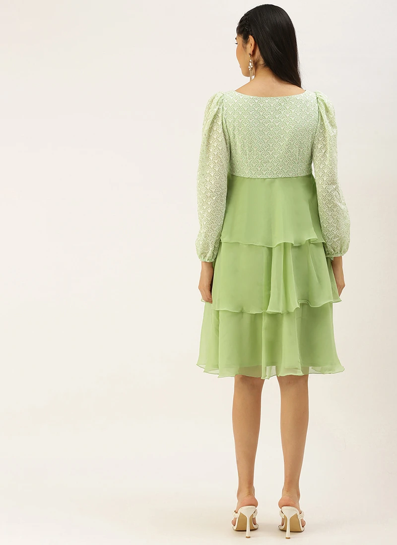 Green Georgette Embroidered Layered Dress Party Wear 6 Green Georgette Embroidered Layered Dress Party Wear - Image 4