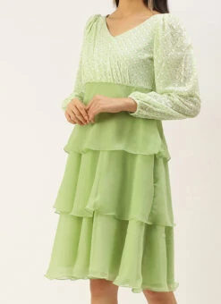 Green Georgette Embroidered Layered Dress Party Wear