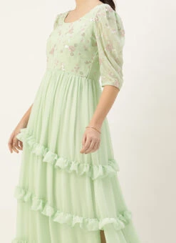 Green Georgette Embroidered Ruffle Maxi Dress Festive Wear
