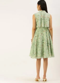 Green Muslin Printed Mini Dress Party Wear -Sari Grace Shop Green Muslin Printed Mini Dress DRBS02208445 b