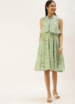 Green Muslin Printed Mini Dress Party Wear -Sari Grace Shop Green Muslin Printed Mini Dress DRBS02208445 u