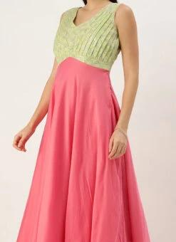 Green N Pink Cotton Sequins Embroidery Maxi Dress Festive Wear