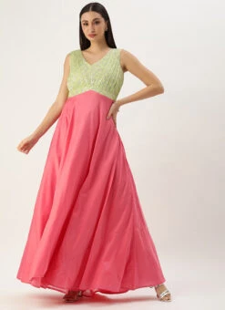 Green N Pink Cotton Sequins Embroidery Maxi Dress Festive Wear -Sari Grace Shop Green N Pink Cotton Sequins Embroidery Maxi Dress DRBS02212595 u