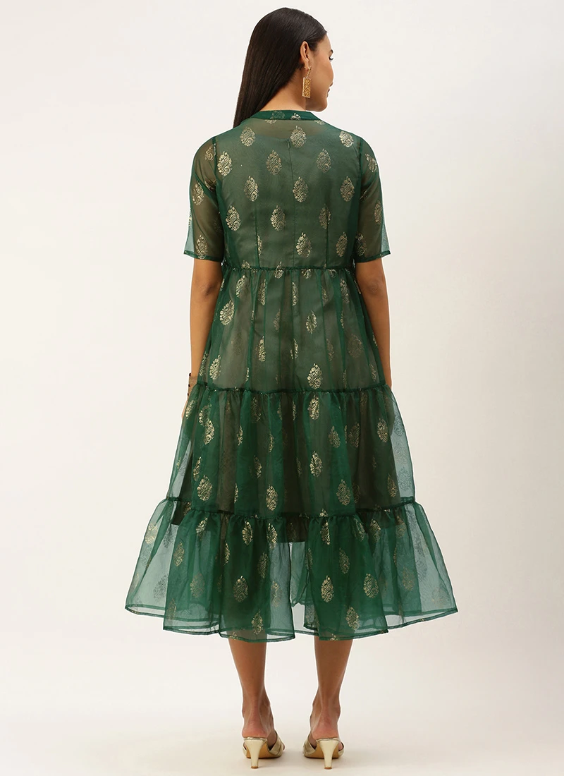 Green Organza Foil Printed Jacket Style Dress Festive Wear 6 Green Organza Foil Printed Jacket Style Dress Festive Wear - Image 4