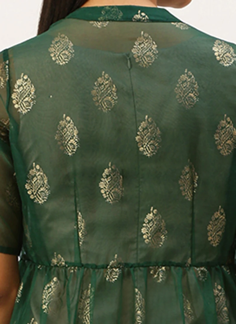 Green Organza Foil Printed Jacket Style Dress Festive Wear 8 Green Organza Foil Printed Jacket Style Dress Festive Wear - Image 6
