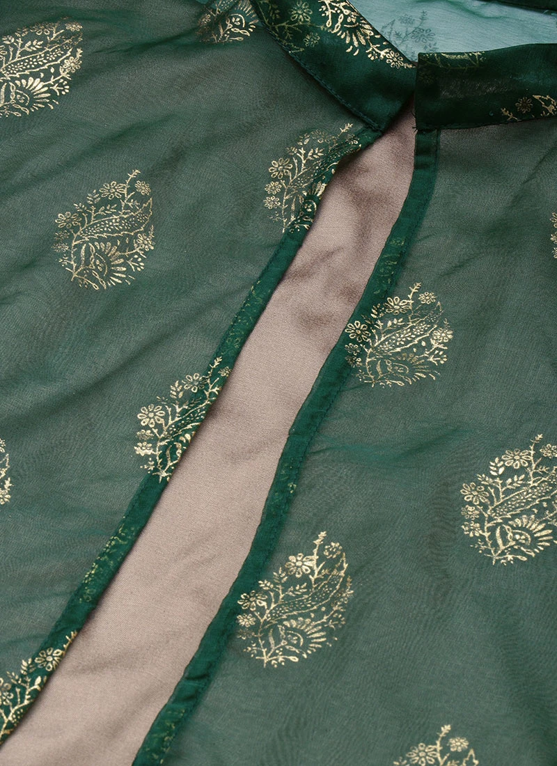 Green Organza Foil Printed Jacket Style Dress Festive Wear 9 Green Organza Foil Printed Jacket Style Dress Festive Wear - Image 7