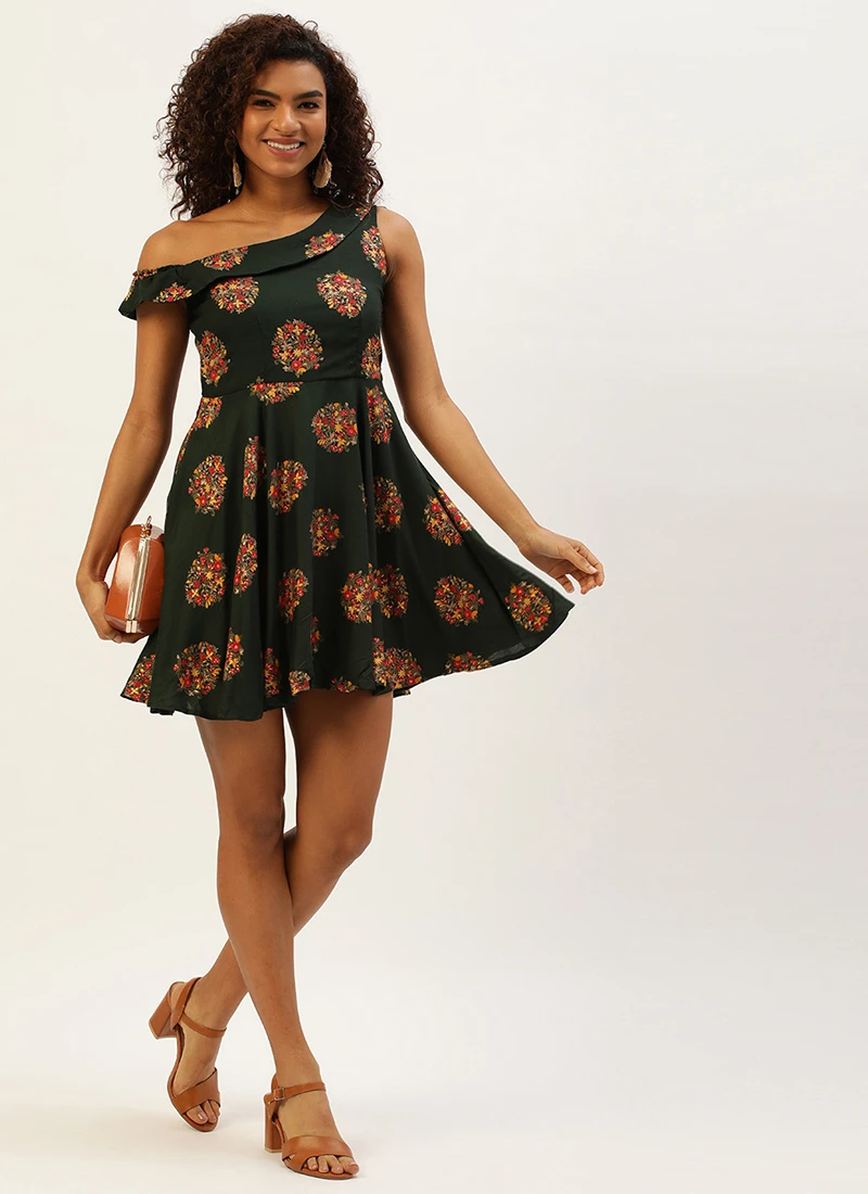 Green Printed One Shoulder Dress After Six Wear 5 Green Printed One Shoulder Dress After Six Wear - Image 3