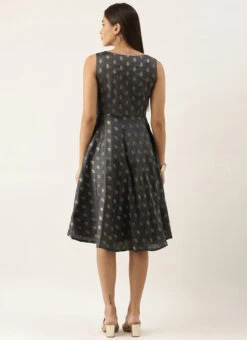 Grey Brocade Boat Neck Flared Dress Festive Wear 13 Grey Brocade Boat Neck Flared Dress Festive Wear -Sari Grace Shop Grey Brocade Boat Neck Flared Dress DRBS02201295 b