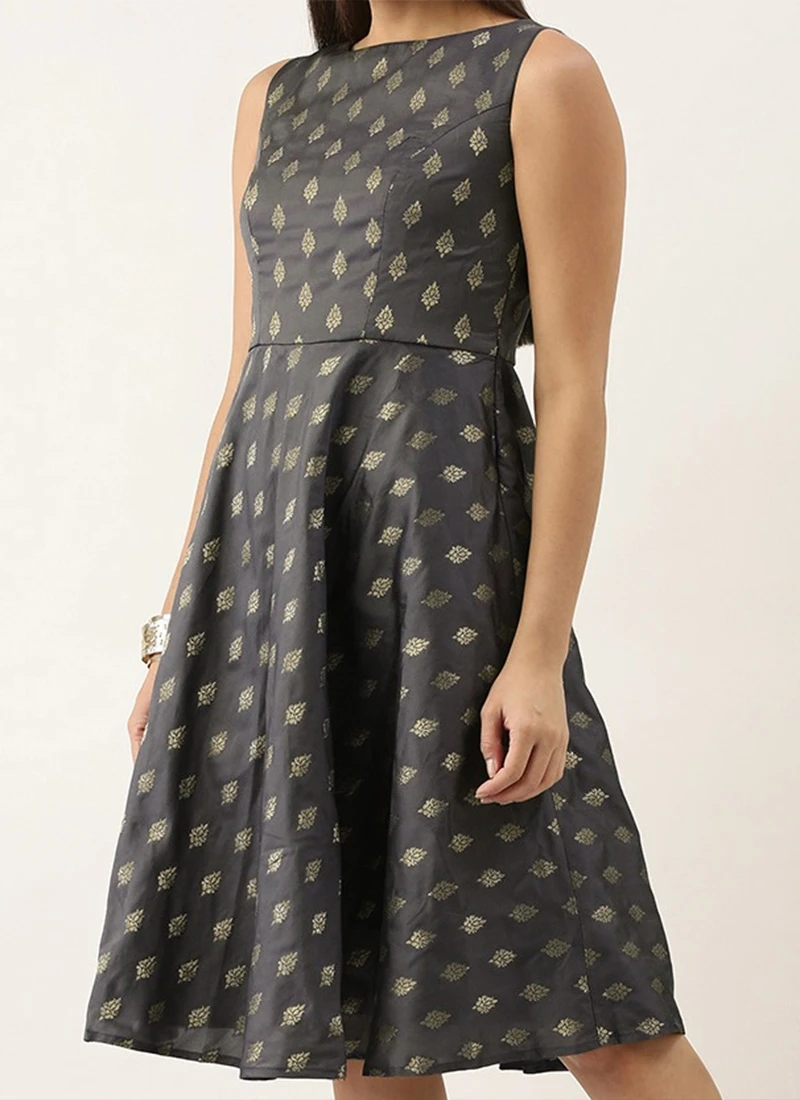 Grey Brocade Boat Neck Flared Dress Festive Wear 3 Grey Brocade Boat Neck Flared Dress Festive Wear