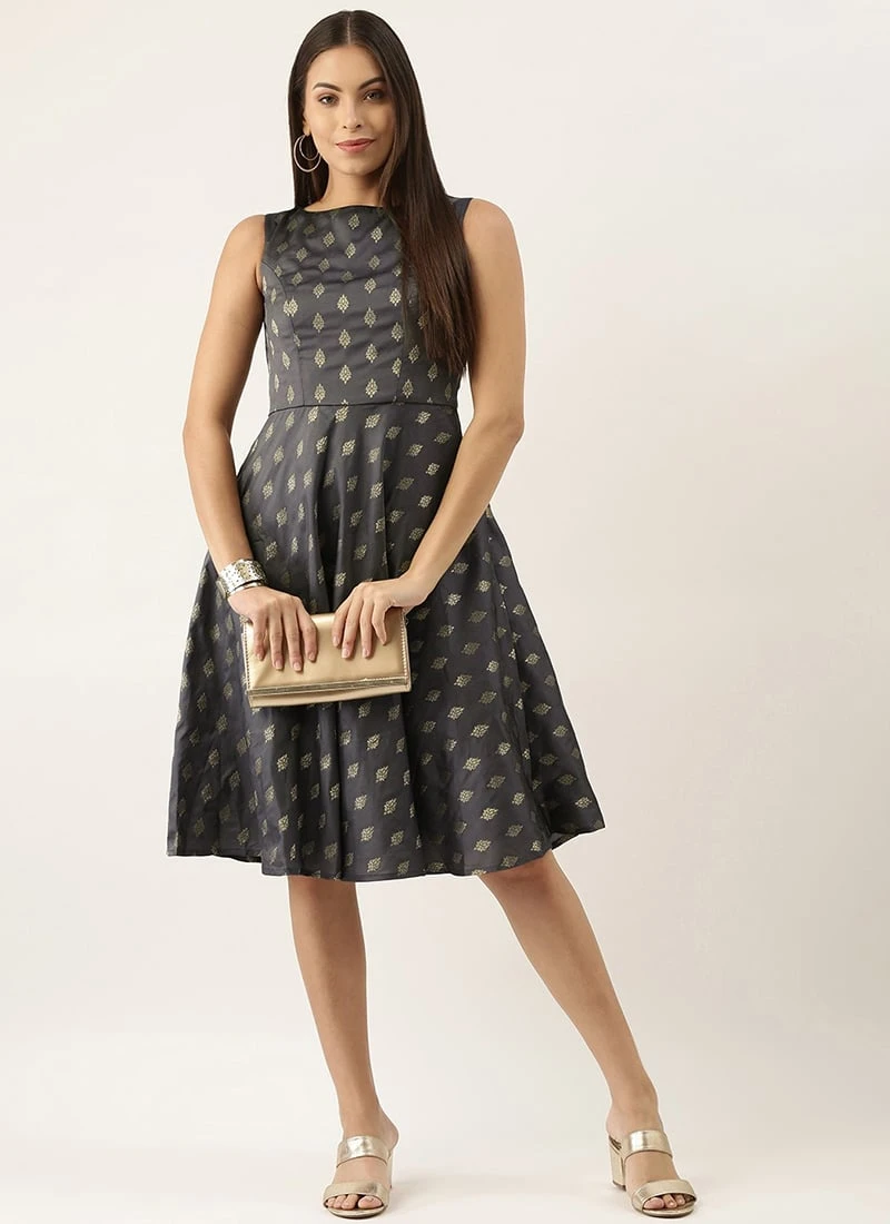 Grey Brocade Boat Neck Flared Dress Festive Wear 5 Grey Brocade Boat Neck Flared Dress Festive Wear - Image 3